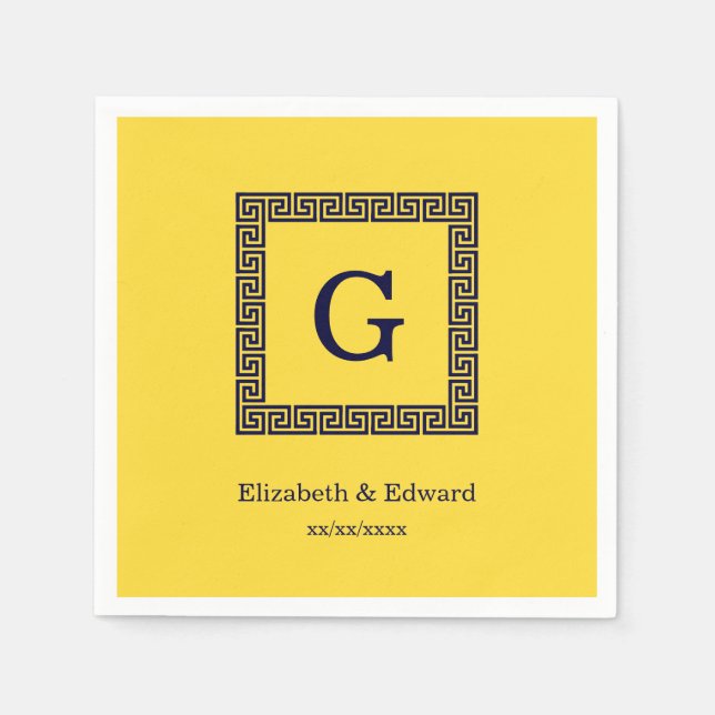 Pineapple, Navy Blue Greek Key #1 Framed Monogram Paper Napkins (Front)