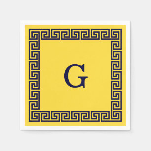 Pineapple, Navy Blue Greek Key #1 Framed Monogram Paper Napkins