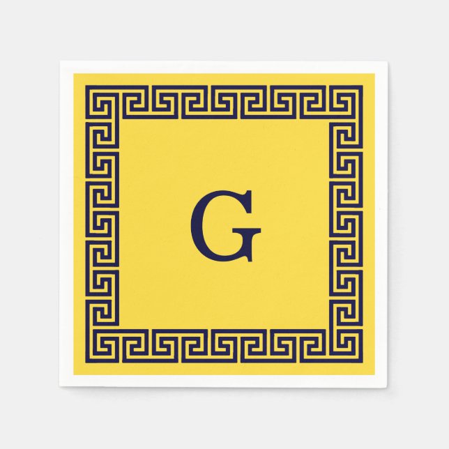 Pineapple, Navy Blue Greek Key #1 Framed Monogram Paper Napkins (Front)