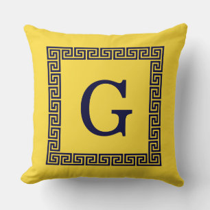 Pineapple, Navy Blue Greek Key #1 Framed Monogram Throw Pillow