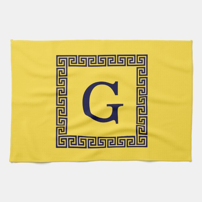 Pineapple, Navy Blue Greek Key #1 Framed Monogram Towel (Horizontal)