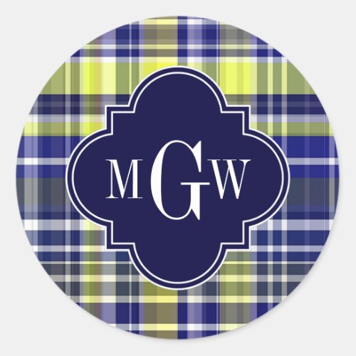 Pineapple Navy Blue White Preppy Madras Monogram Classic Round Sticker