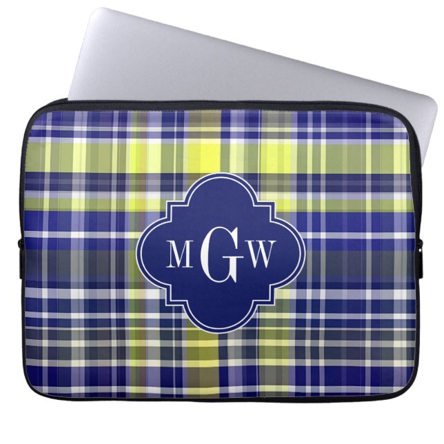 Pineapple Navy Blue White Preppy Madras Monogram Laptop Sleeve (Front)