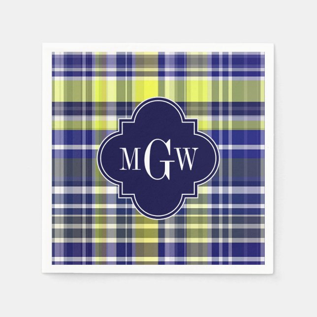 Pineapple Navy Blue White Preppy Madras Monogram Napkins (Front)