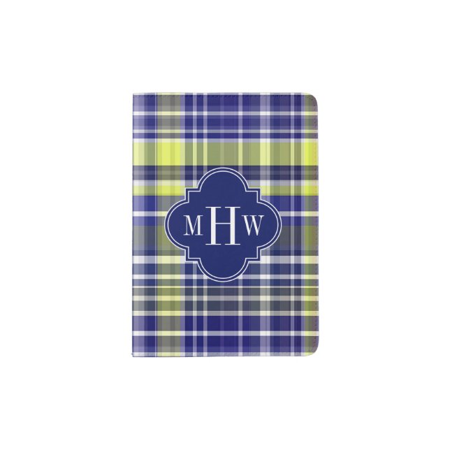 Pineapple Navy Blue White Preppy Madras Monogram Passport Holder (Front)