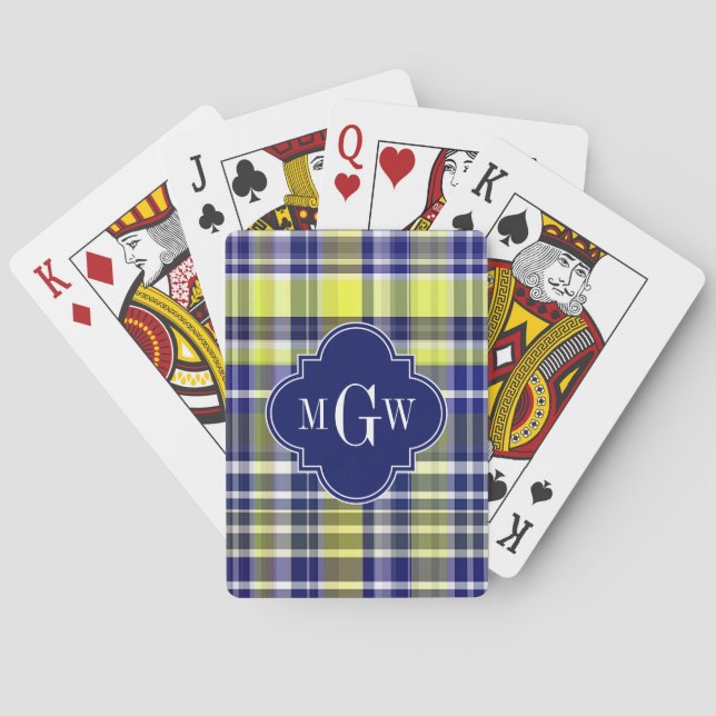 Pineapple Navy Blue White Preppy Madras Monogram Poker Cards (Back)