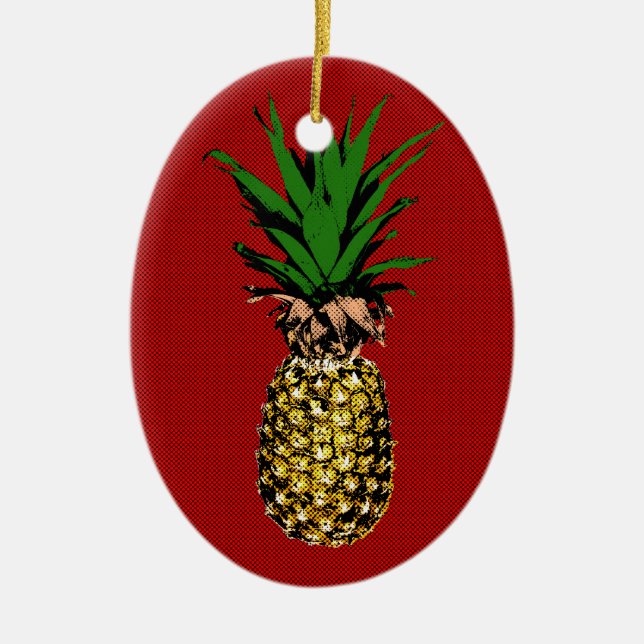 Pineapple Newsprint Image Ceramic Ornament (Front)