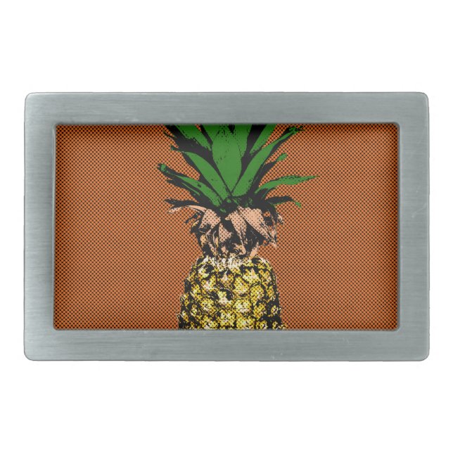Pineapple Newsprint Rectangular Belt Buckle (Front)