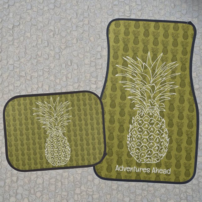 Pineapple on Green Background Pattern Car Floor Mat (white pineapple and pattern design background. Driver side car mat with template text.)