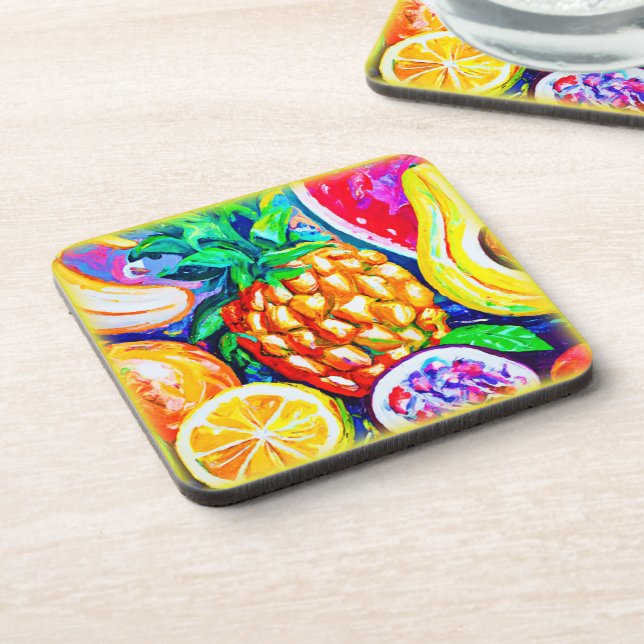 Pineapple Orange Banana Fruits. Buy Now Beverage Coaster (Left Side)