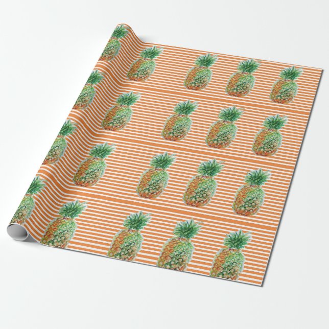 Pineapple Orange Stripe Watercolor Wrapping Paper (Unrolled)