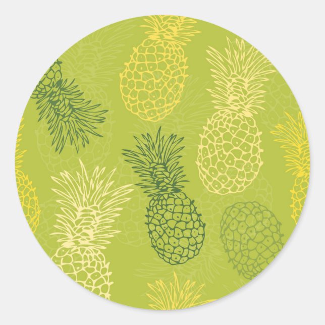 Pineapple Outline Pattern on Green Classic Round Sticker (Front)