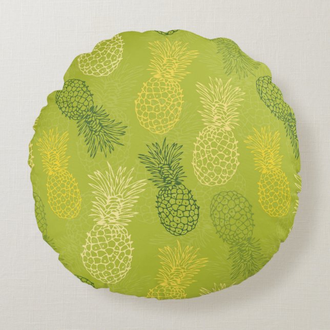 Pineapple Outline Pattern on Green Round Pillow (Front)