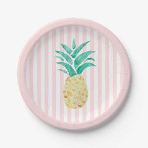 Pineapple Painting Tropical Pink Stripe Paper Plates