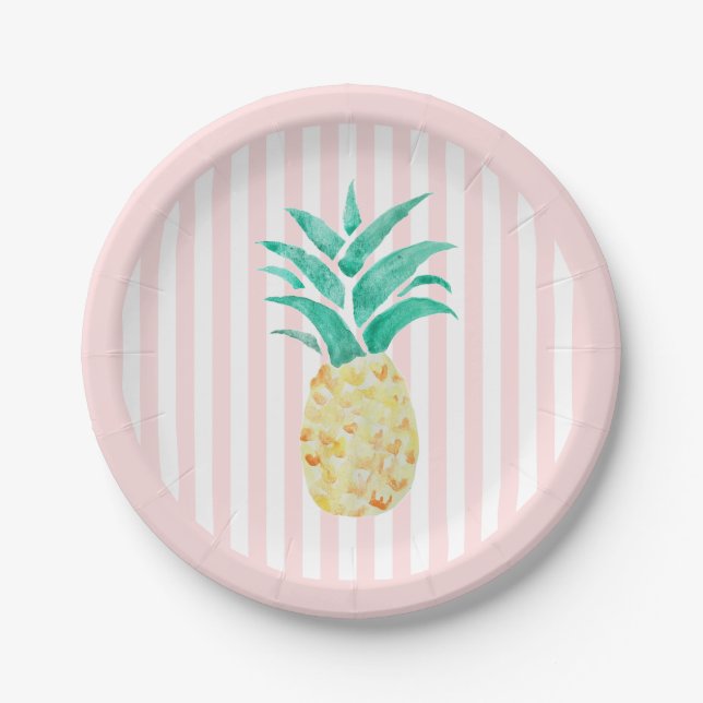 Pineapple Painting Tropical Pink Stripe Paper Plates (Front)
