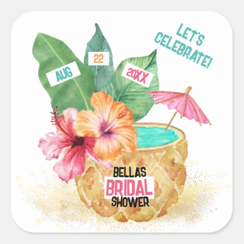 Pineapple Palm Flower Tropical Beach Bridal Shower Square Sticker