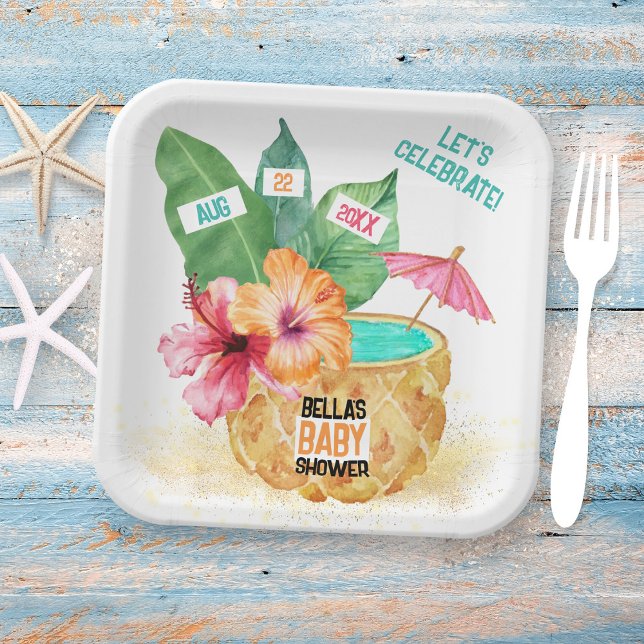 Pineapple Palm Hibiscus Tropical Beach Baby Shower Paper Plates (Creator Uploaded)