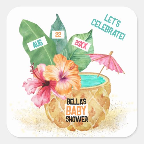 Pineapple Palm Hibiscus Tropical Beach Baby Shower Square Sticker