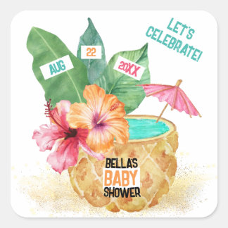 Pineapple Palm Hibiscus Tropical Beach Baby Shower Square Sticker