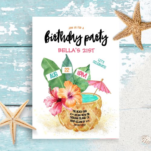 Pineapple Palm Hibiscus Tropical Birthday Party Invitation