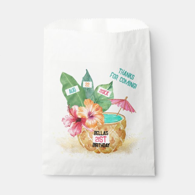 Pineapple Palm Hibiscus Tropical Cocktail Birthday Favor Bag (Front)