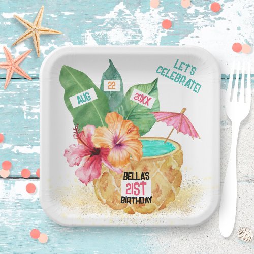 Pineapple Palm Hibiscus Tropical Cocktail Birthday Paper Plates