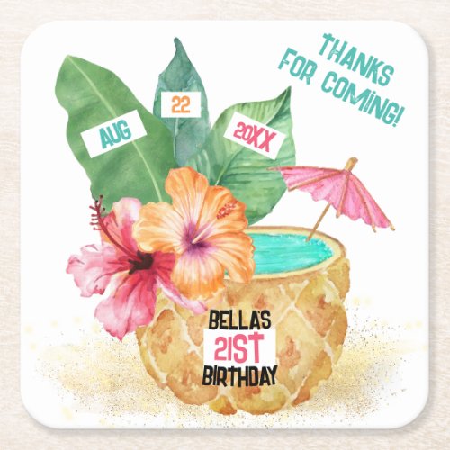 Pineapple Palm Tropical Beach Birthday Square Paper Coaster