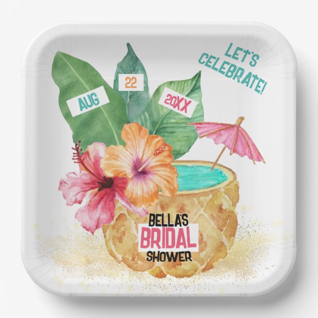 Pineapple Palm Tropical Beach Bridal Shower Paper Plates (Front)