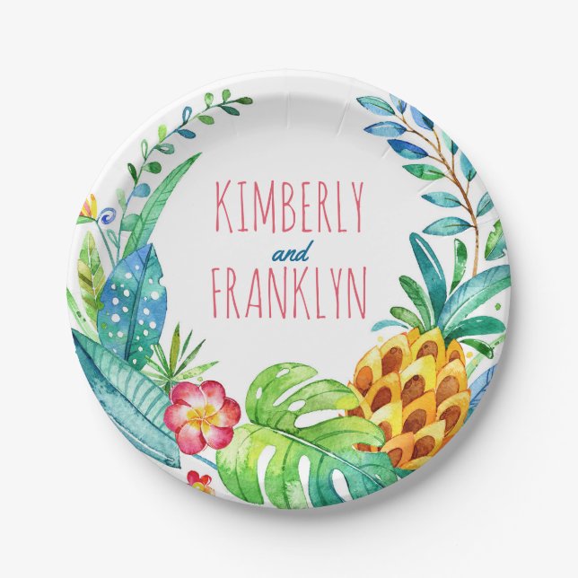 pineapple palms tropical beach party paper plates (Front)