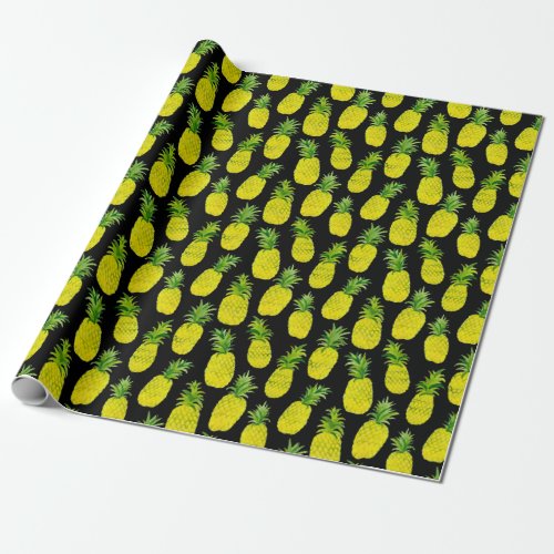 Pineapple Party on black watercolor painting wrap Wrapping Paper