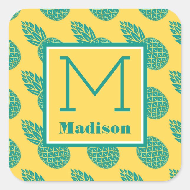 Pineapple Pattern | Monogram Square Sticker (Front)