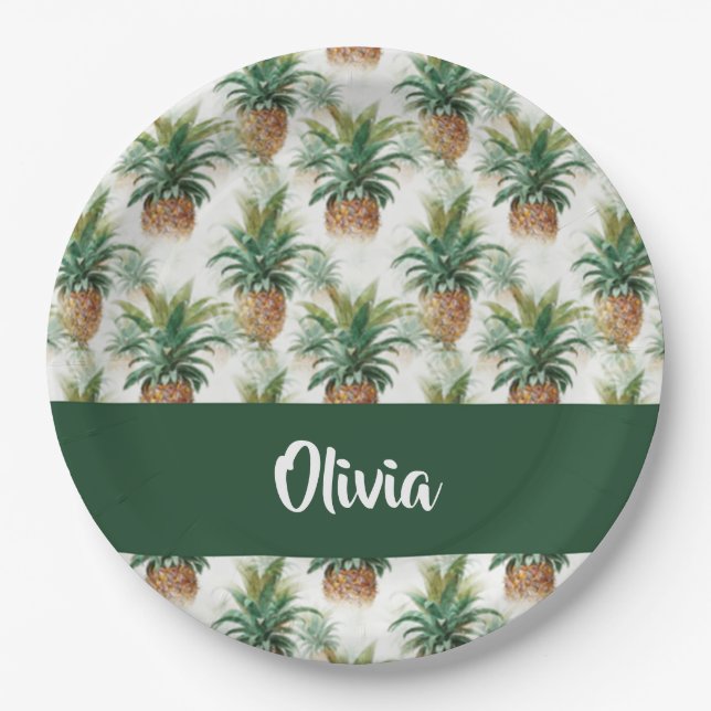 Pineapple pattern on white paper plates (Front)