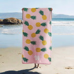 Pineapple Pattern Pink Tropical Monogram Beach Towel<br><div class="desc">This beach towel features a modern,  pink,  yellow and green pattern with pineapples. Easily customize with your initials - set in a simple,  white script.</div>