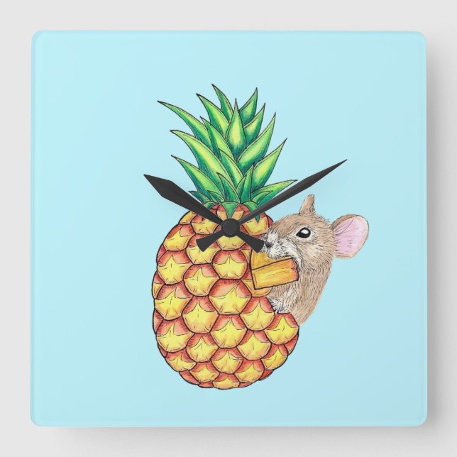 Pineapple Pika Takes a Chomp Aqua Square Wall Clock (Front)