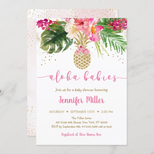 Pineapple Pink Floral Aloha Twin Baby Shower Invitation