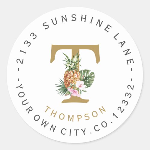 Pineapple Pink Flowers Monogram Circular Address Classic Round Sticker