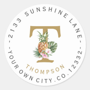 Pineapple Pink Flowers Monogram Circular Address Classic Round Sticker