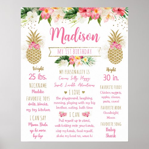 Pineapple Pink Gold First Birthday Milestone Poster