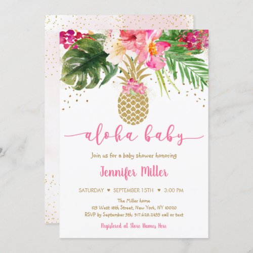 Pineapple Pink Gold Floral Aloha Baby Shower Invitation