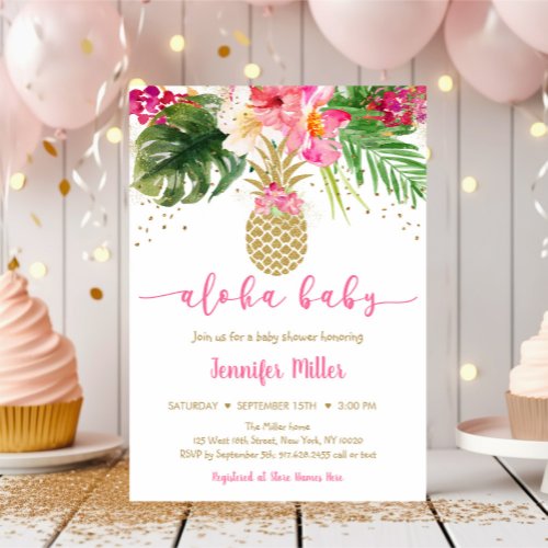 Pineapple Pink Gold Floral Aloha Baby Shower Invitation