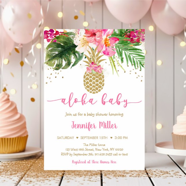 Pineapple Pink Gold Floral Aloha Baby Shower Invitation (Creator Uploaded)