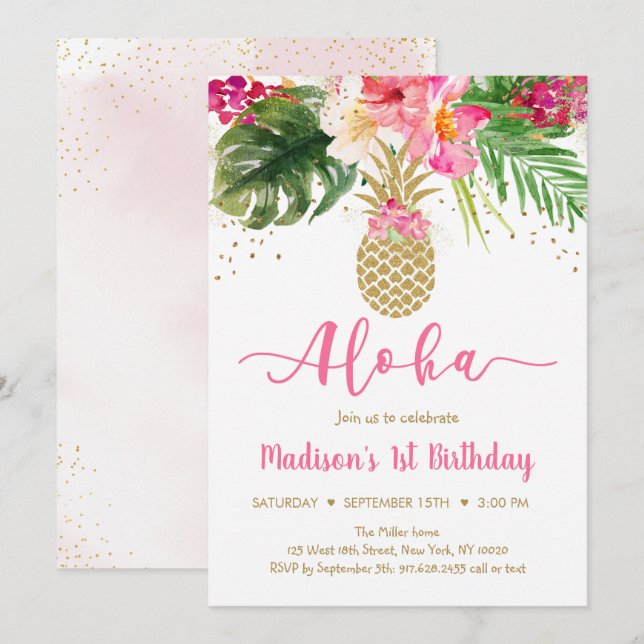 Pineapple Pink Gold Floral Aloha Birthday Invitation (Front/Back)
