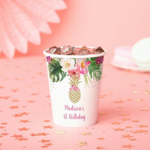 Pineapple Pink Gold Floral Birthday Paper Cups