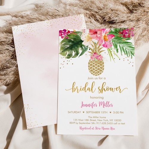 Pineapple Pink Gold Floral Bridal Shower Invitation