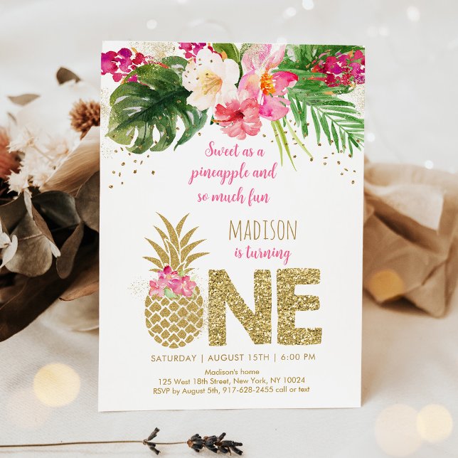 Pineapple Pink Gold Floral First Birthday Invitation (Creator Uploaded)