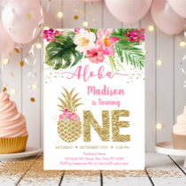 Pineapple Pink Gold Floral First Birthday Invitation