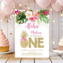 Pineapple Pink Gold Floral First Birthday Invitation