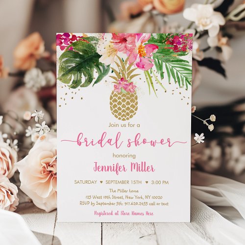 Pineapple Pink Gold Floral Tropical Bridal Shower Invitation