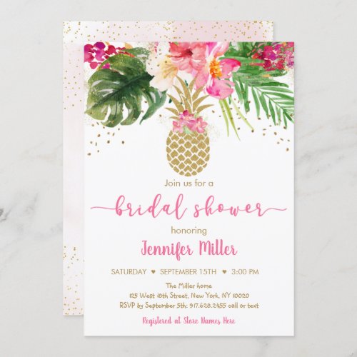 Pineapple Pink Gold Floral Tropical Bridal Shower Invitation