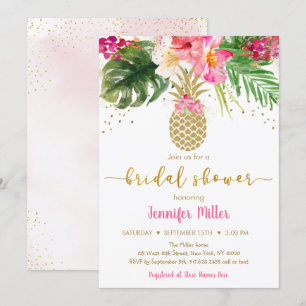 Pineapple Pink Gold Floral Tropical Bridal Shower Invitation